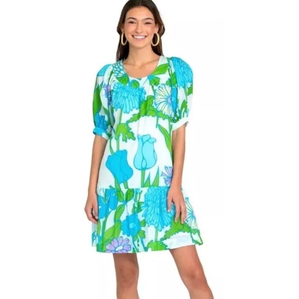 Olivia James The Label Anna Midi Dress Womens Medium Mod Floral Aqua Pockets